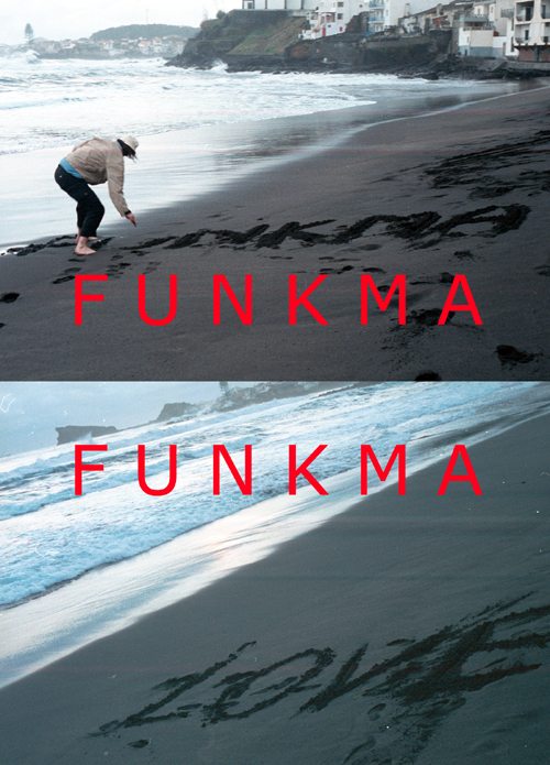 FUNKMA/Love text i svart lavasand Azorerna dec 00 Foto: Annika hman / Mikael Richter